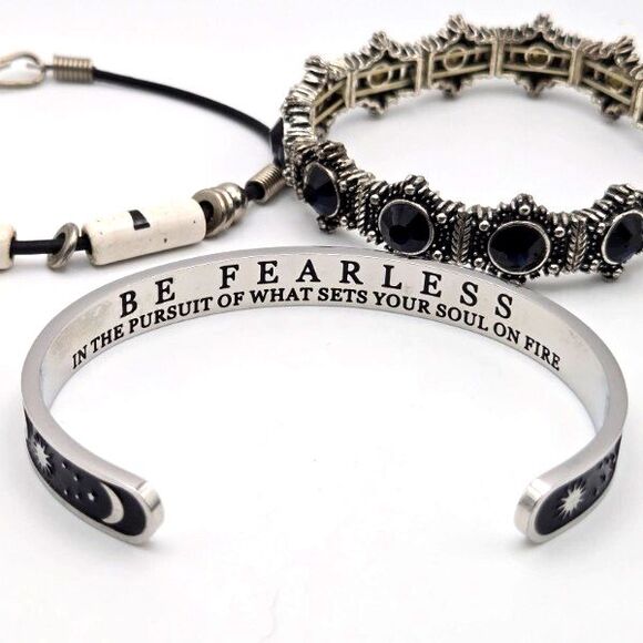 Variety Set of 3 Silvertone Bracelets - Cord with Beads, Celestial Cuff, Stretch - Picture 7 of 7